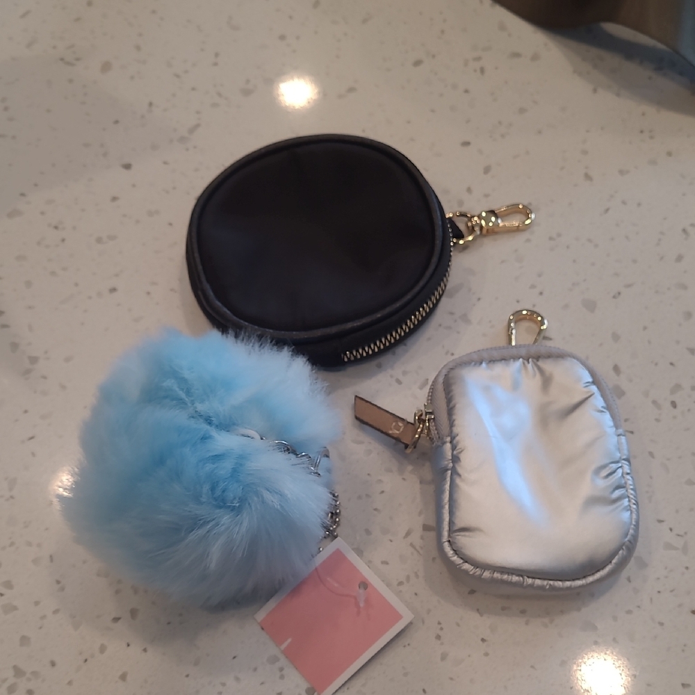 Chic Black and Silver Pouch Set with Blue Fur Pom Key purse charm